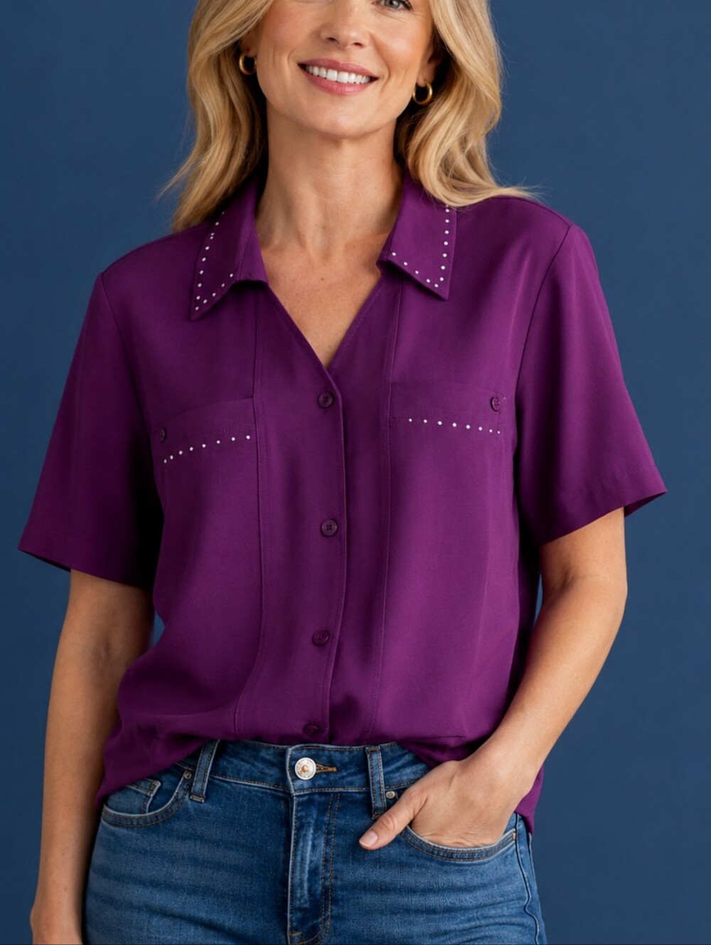 MAGGIE BARNES Purple Rhinestone Studded Short Sleeve Button Down Shirt